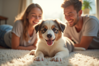 Famille heureuse jouant avec un chiot australien dans le salon