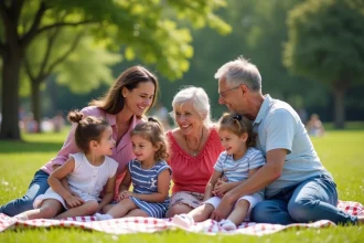 Famille multigenerational lors d un pique nique en ville