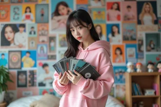 Jeune fan de K-pop tenant plusieurs albums coréens devant un mur de photocards représentant différentes générations de groupes