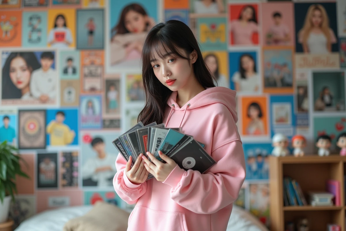Jeune fan de K-pop tenant plusieurs albums coréens devant un mur de photocards représentant différentes générations de groupes