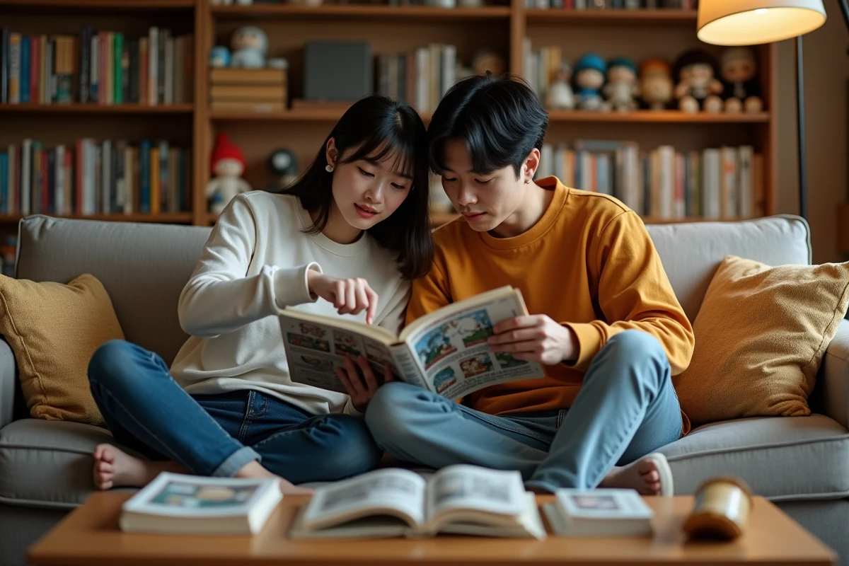 Deux amis passionnés de manga lisant ensemble One Punch Man sur un canapé entouré de volumes et figurines