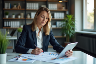 Femme d affaires en costume analysant des données économiques