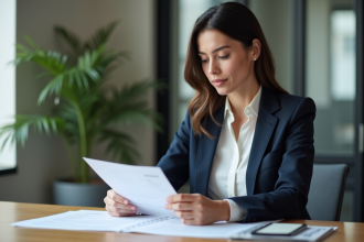 Femme d'affaires en blazer examinant des documents de prêt immobilier