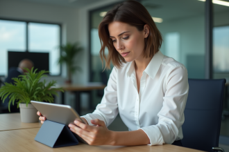 Femme d'affaires regardant une tablette dans un bureau moderne