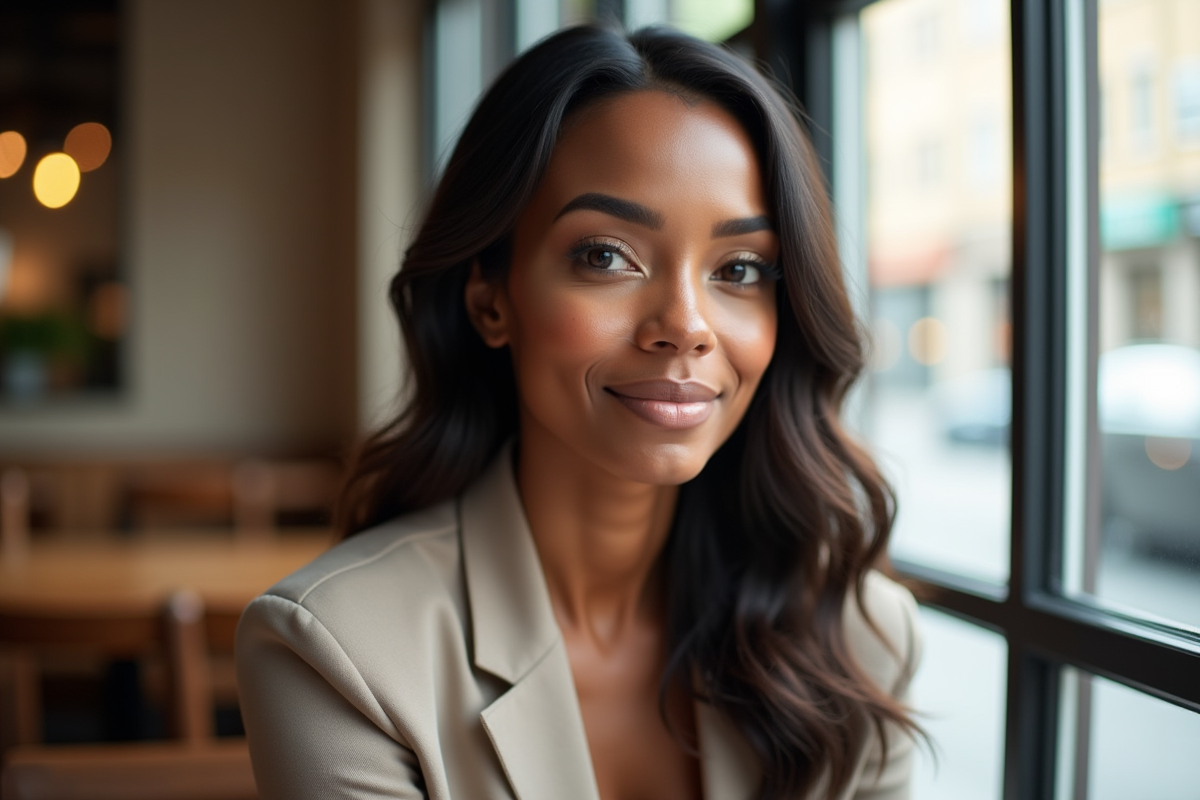 Femme afro élégante assise dans un café en journée