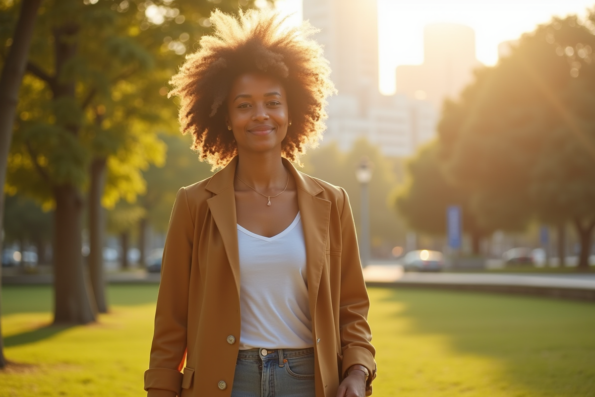 Femme afro marchant dans un parc urbain ensoleille