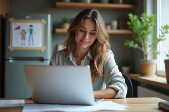 Femme réfléchissant à ses factures dans sa cuisine