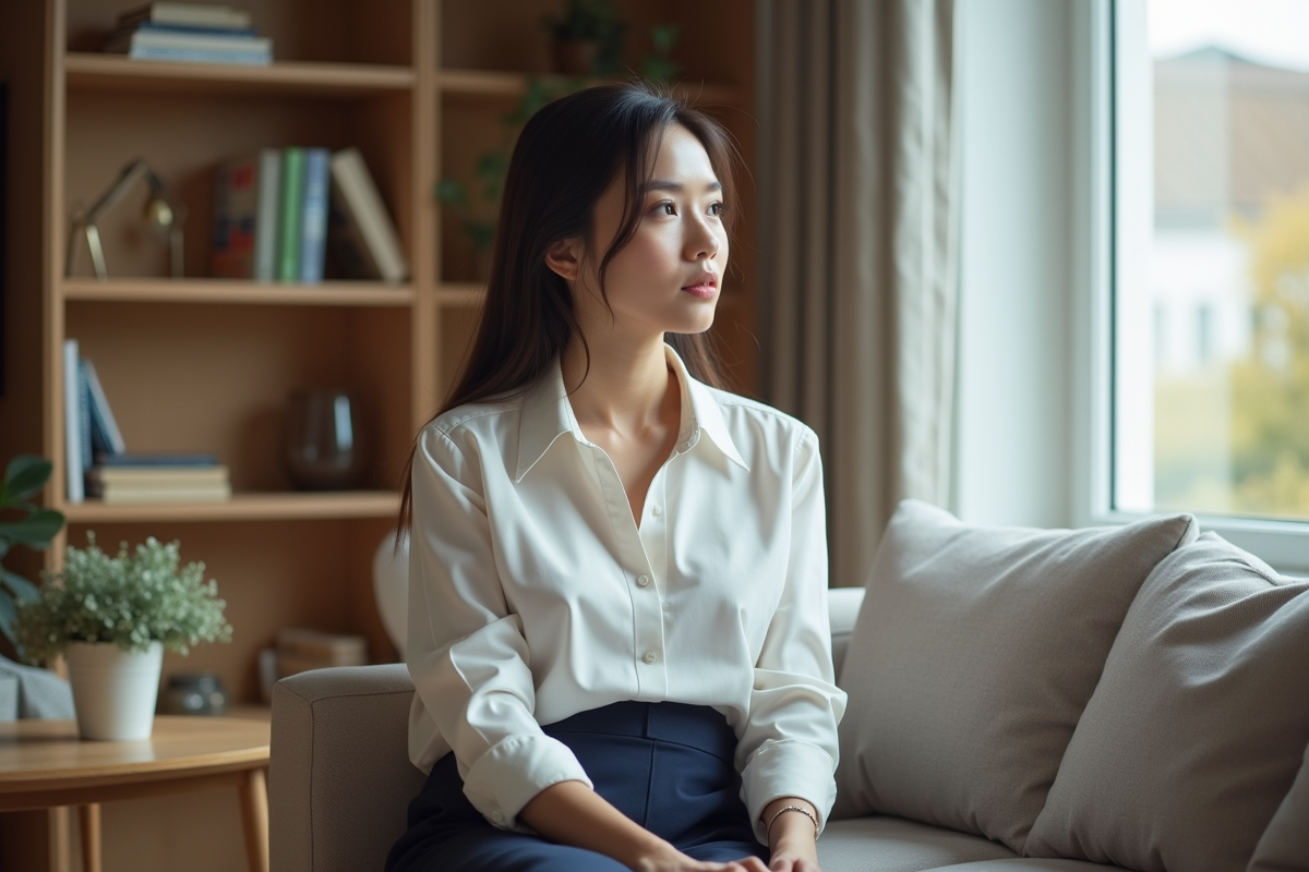 Femme assise dans un salon minimaliste
