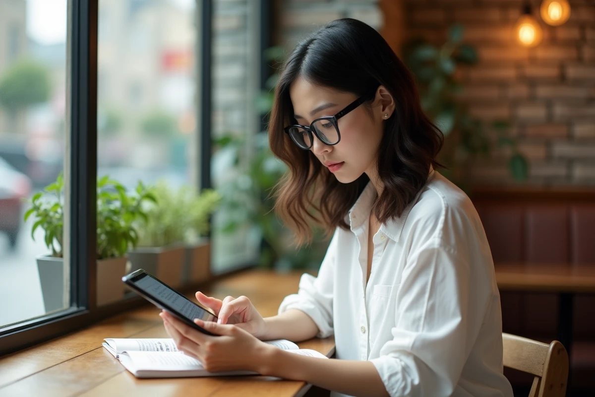 Femme lisant un manhwa sur une tablette dans un café