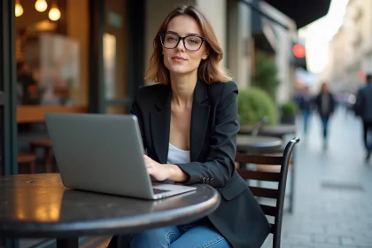 Jeune femme travaillant sur un ordinateur en extérieur