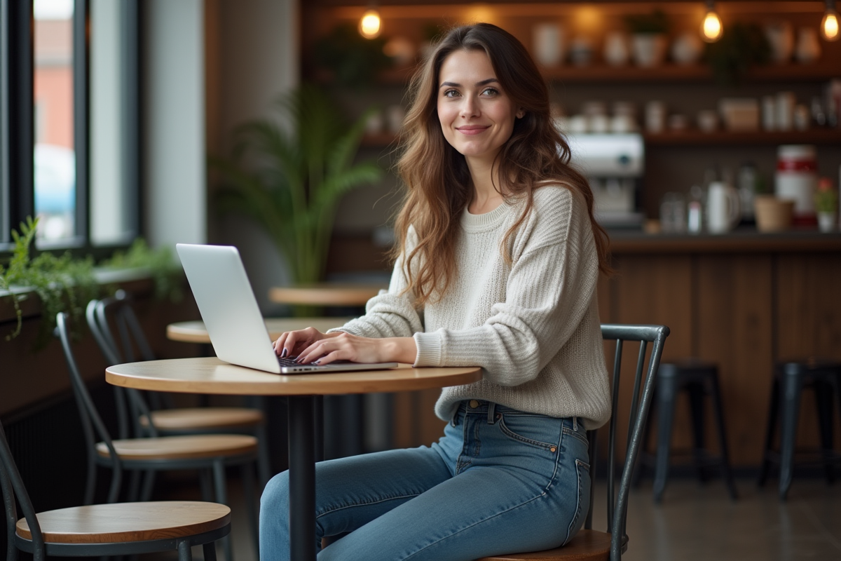 Femme travaillant sur son ordinateur dans un café