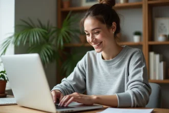 Femme utilisant un code promo Pixmania sur son ordinateur portable dans un bureau à domicile