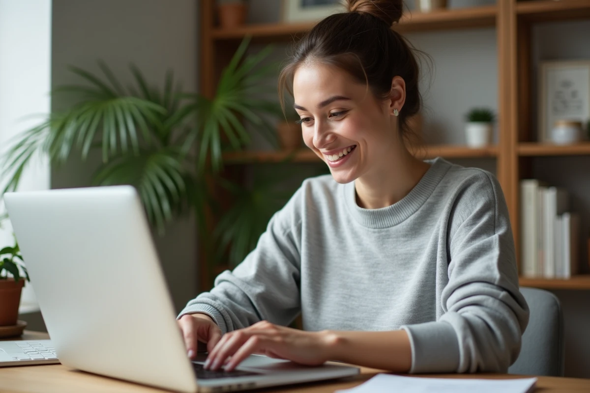 Femme utilisant un code promo Pixmania sur son ordinateur portable dans un bureau à domicile