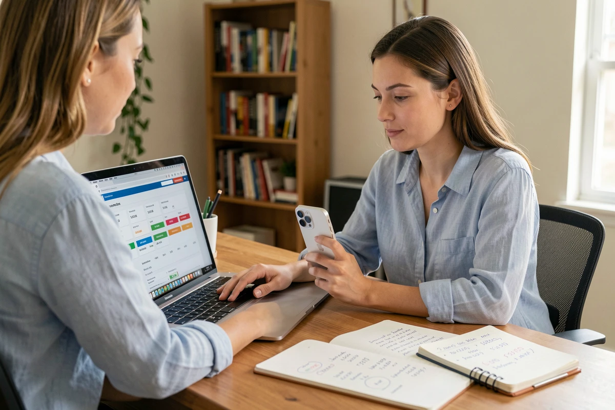 Femme comparant les prix des forfaits 5G pour iPhone 14 sur son ordinateur portable à domicile
