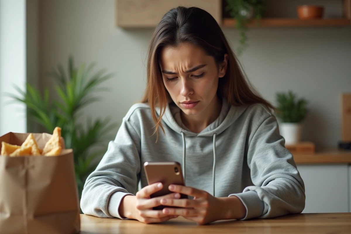 Jeune femme contactant le service client Uber Eats par téléphone depuis son appartement