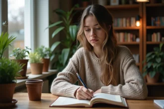Femme assise à un bureau en bois écrivant dans un journal
