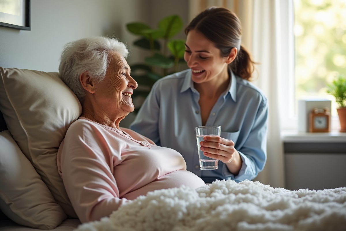Femme âgée souriante dans sa chambre aidée par un proche