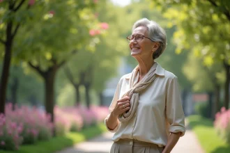 Femme confiante dans un parc urbain en fleurs