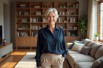 Femme confiante de 60 ans dans un salon moderne