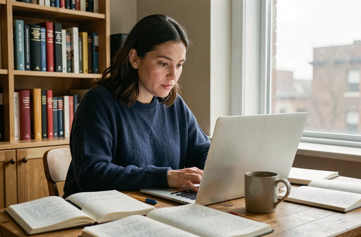 Femme consultant une encyclopédie collaborative en ligne sur son ordinateur portable dans un bureau à domicile entouré de notes manuscrites