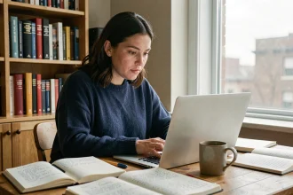 Femme consultant une encyclopédie collaborative en ligne sur son ordinateur portable dans un bureau à domicile entouré de notes manuscrites