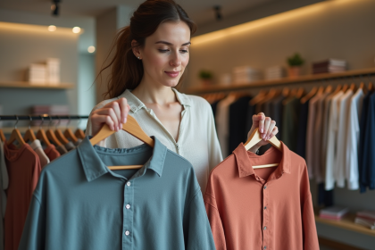 Femme examinant deux textiles en boutique de mode