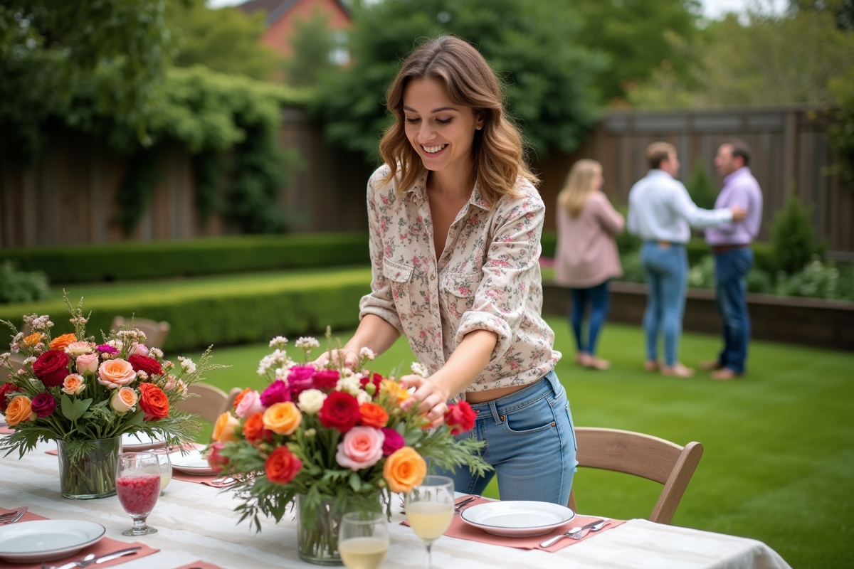 Jeune femme arrangeant un centre de fleurs dans un jardin