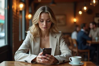 Femme française consultant un convertisseur de fuseaux horaires sur smartphone dans un café parisien pour planifier un appel avec Washington DC