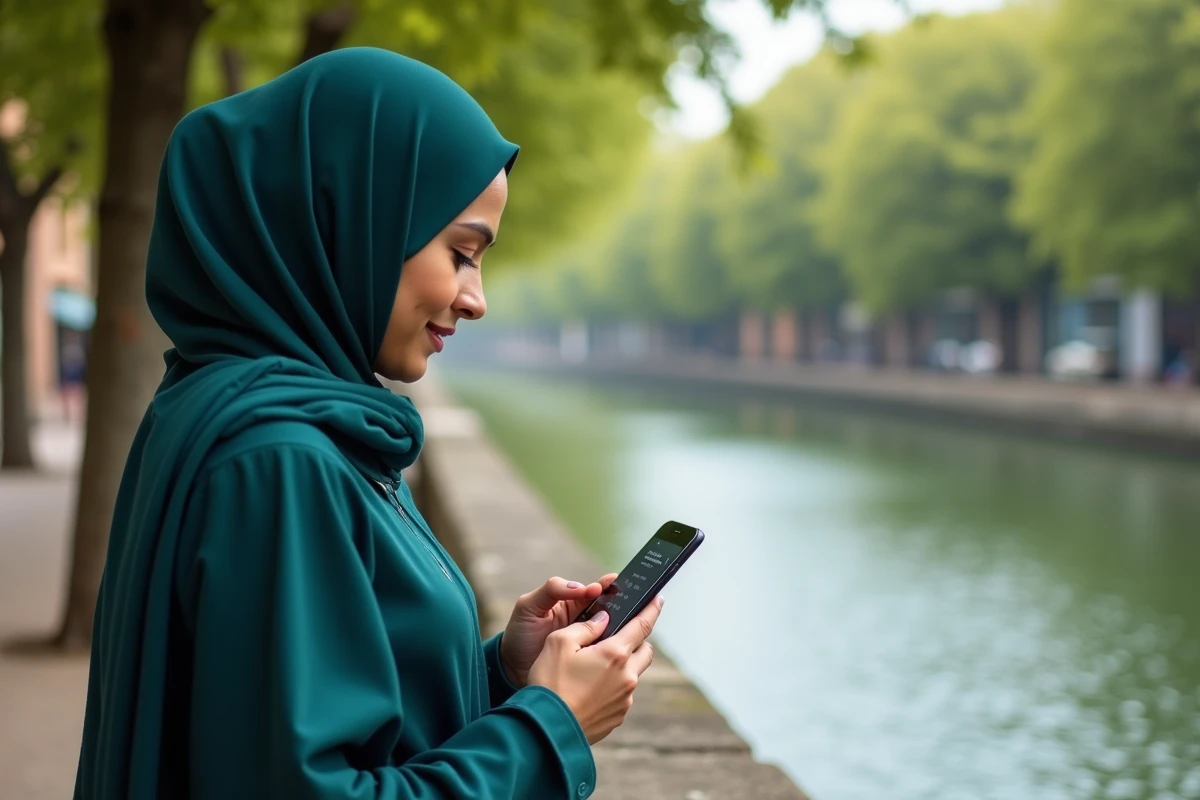 Femme en hijab vérifiant les horaires de prière sur smartphone au bord du Canal du Midi à Toulouse