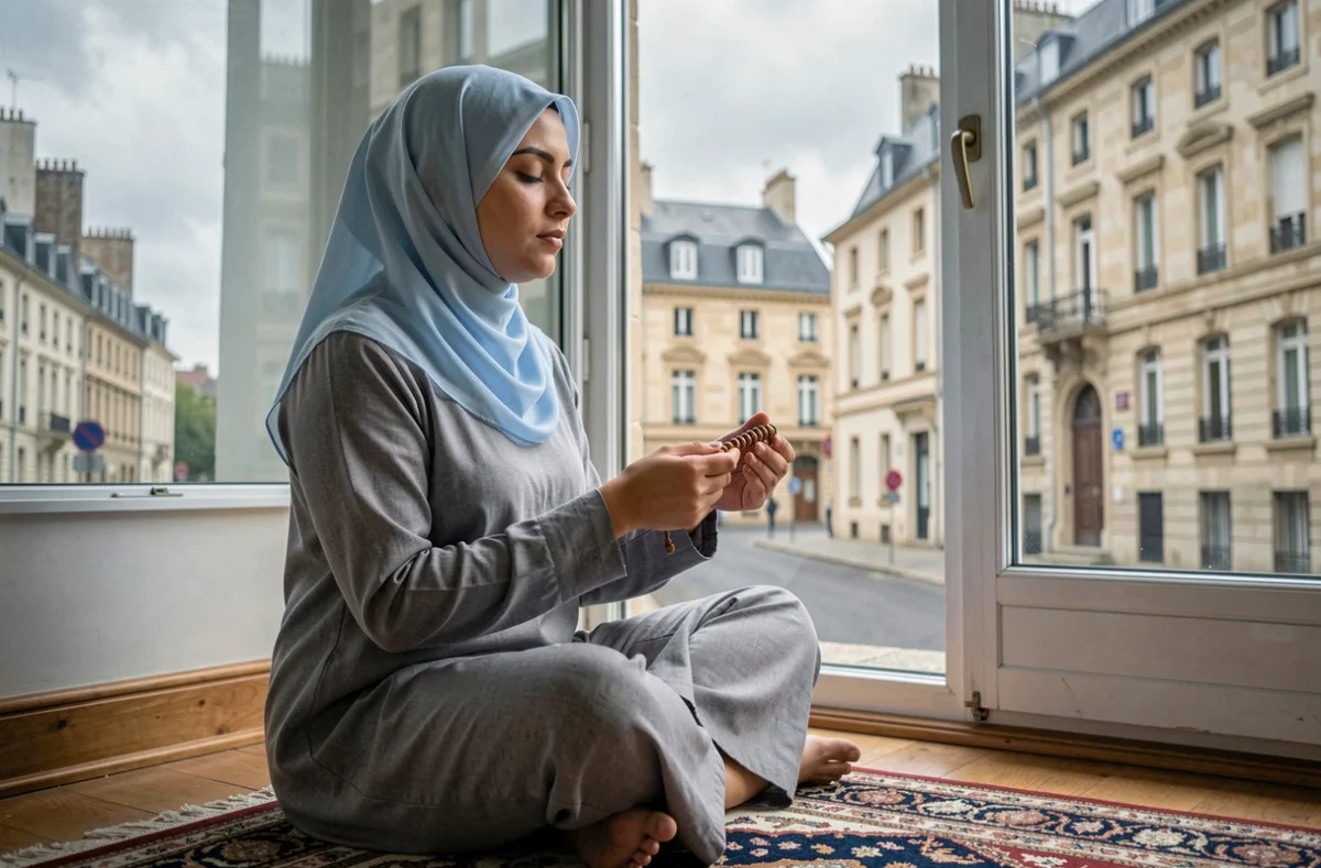 Jeune femme musulmane en hijab bleu priant avec un chapelet près d'une fenêtre donnant sur Nantes