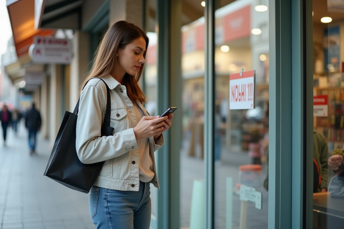 Femme consultant les horaires d'ouverture affichés sur la porte d'un magasin Action fermé le week-end