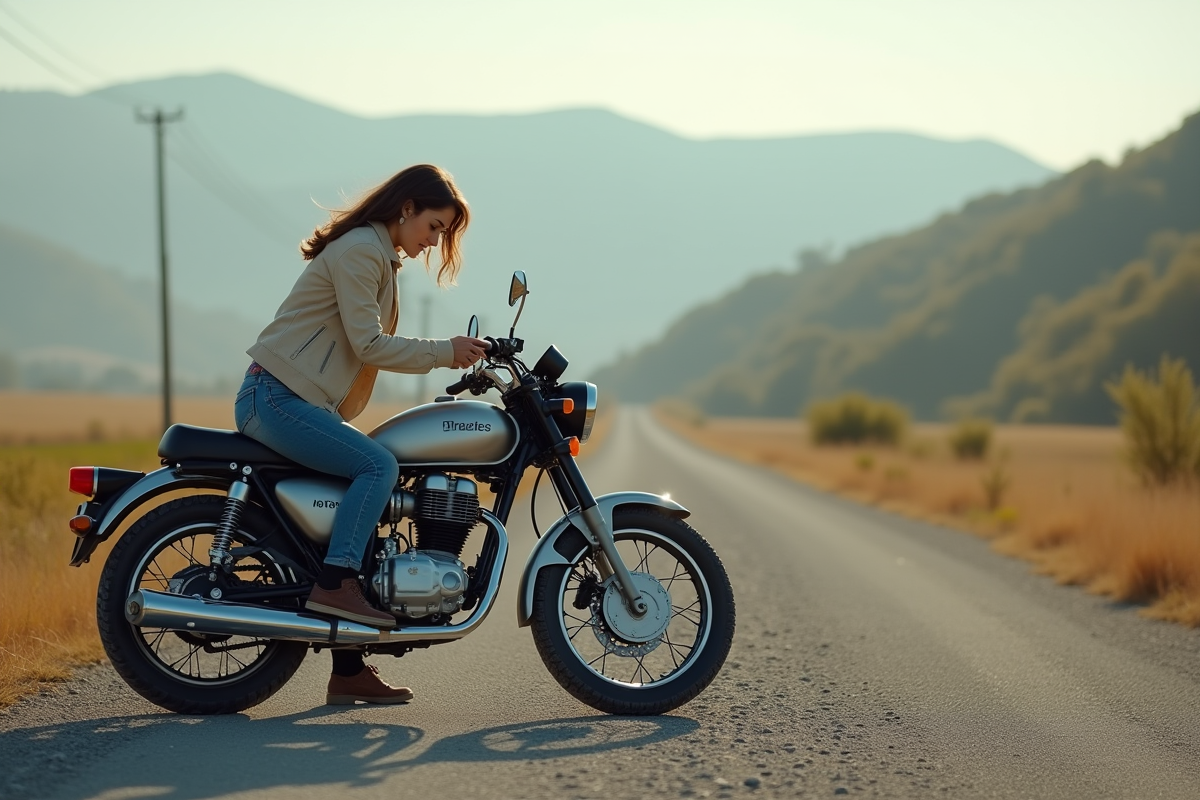 Femme jeune inspectant une moto Dax 125 en campagne