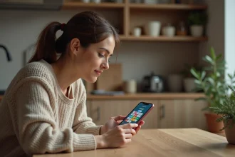 Femme jouant à un jeu de mots 4 images 1 mot sur smartphone avec des lettres colorées