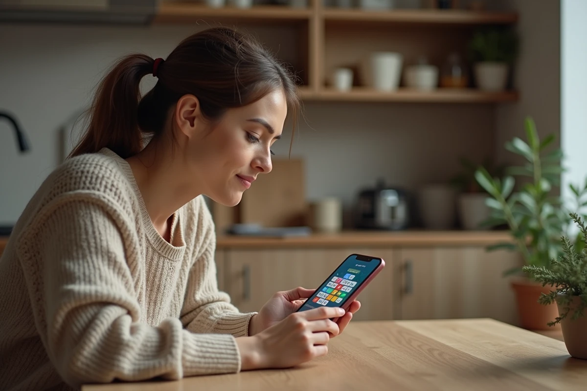 Femme jouant à un jeu de mots 4 images 1 mot sur smartphone avec des lettres colorées