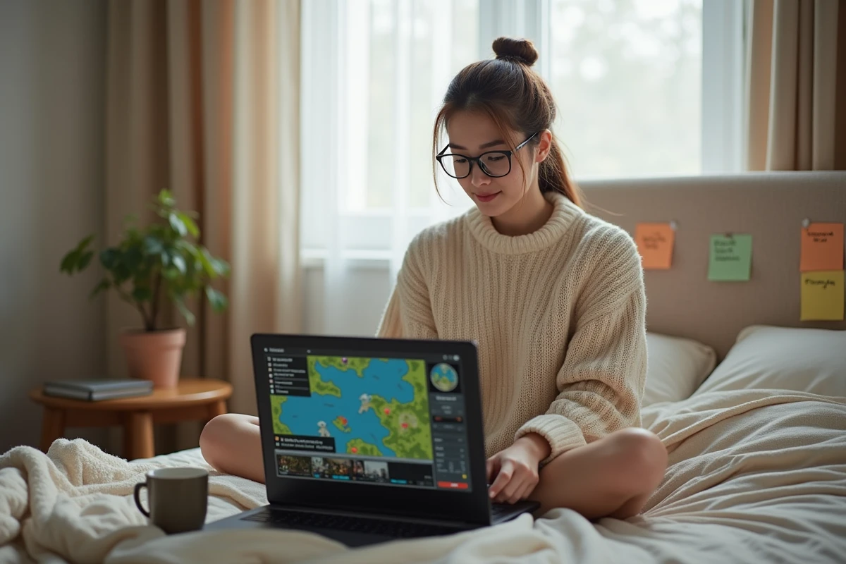 Jeune femme adulte jouant à Dofus sur un ordinateur portable depuis son lit, entourée de notes de jeu et d'une tasse de thé dans une chambre cosy
