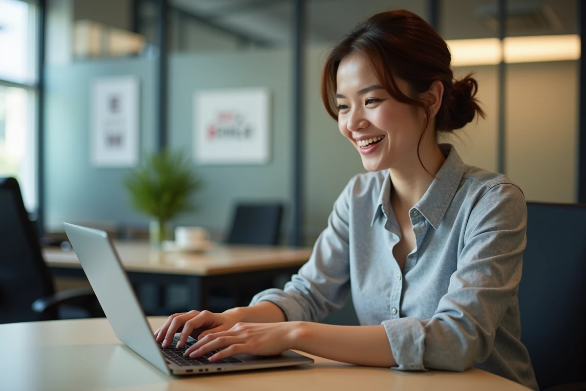 Femme en tenue professionnelle souriante avec un GIF d