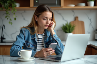 Jeune femme avec smartphone dans une cuisine moderne