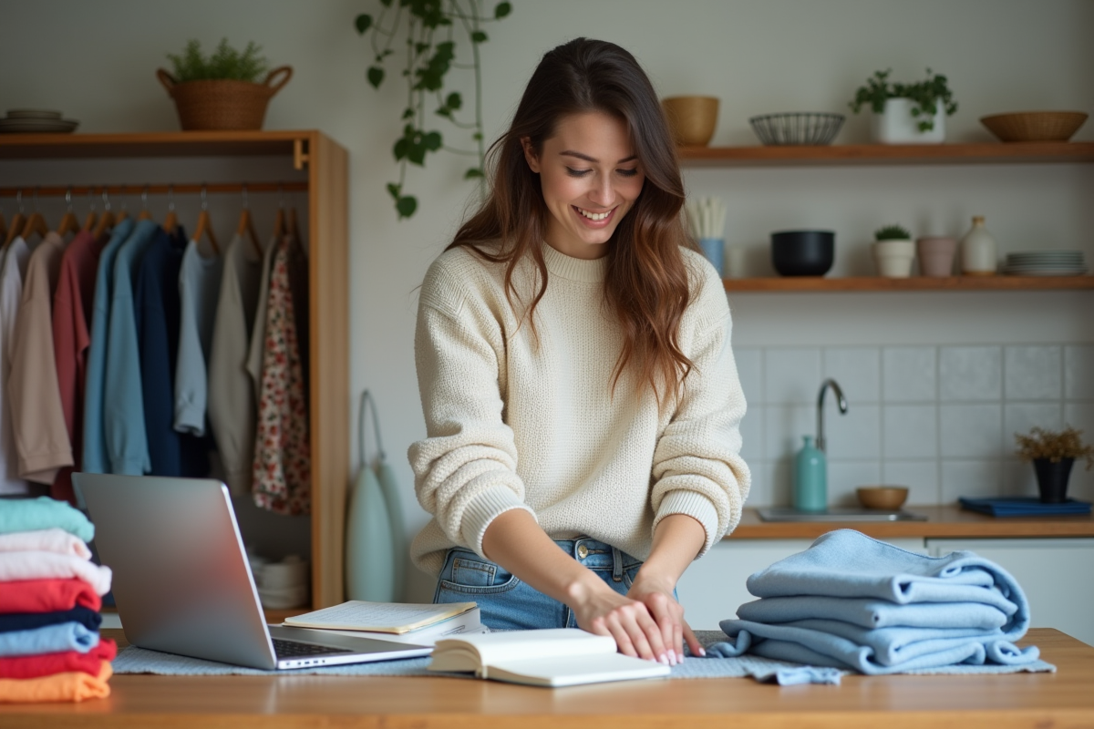 Jeune femme plie des vêtements dans une cuisine lumineuse