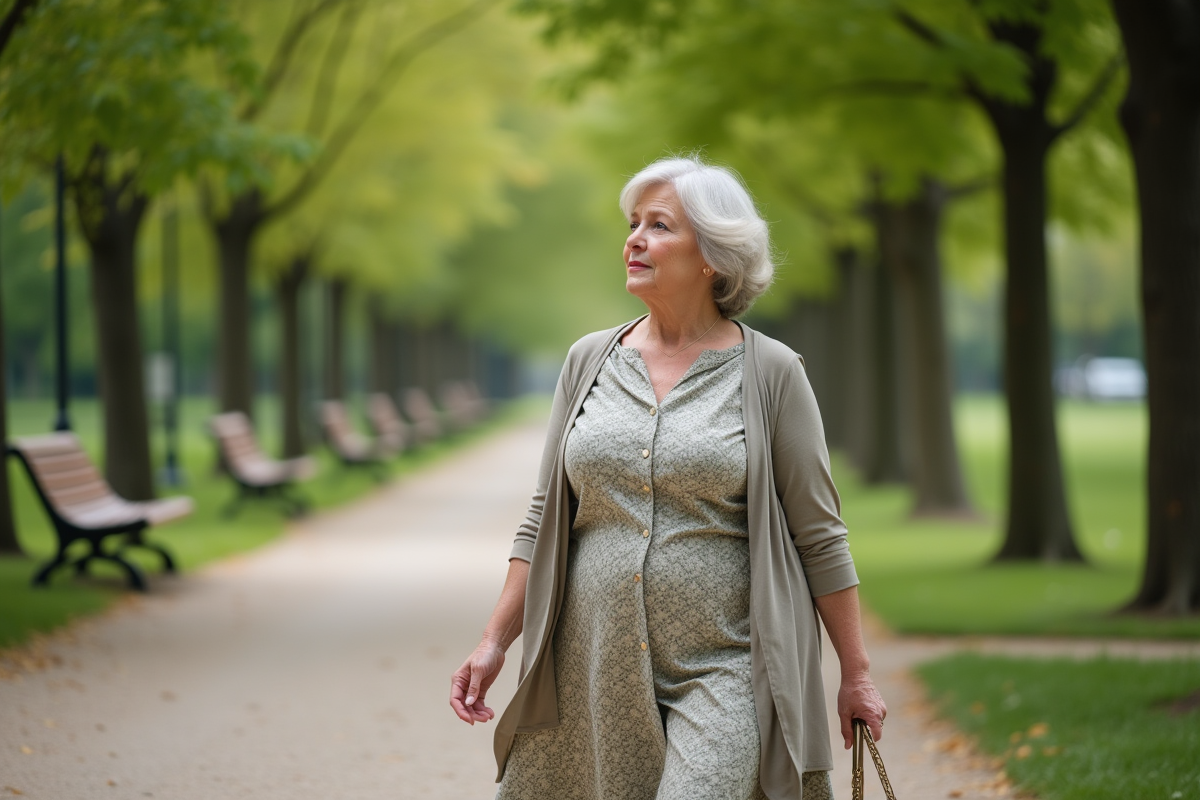 Femme élégante de 60 ans marche dans un parc