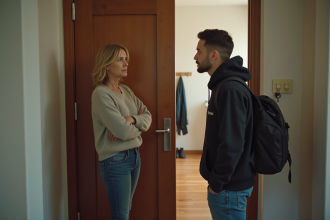 Femme pensive parlant à un jeune homme dans l'entrée d'un appartement