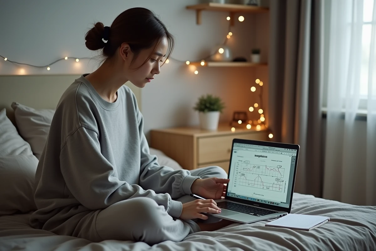 Jeune femme planifiant une route d'expérience optimisée pour un MMORPG sur ordinateur portable dans une chambre