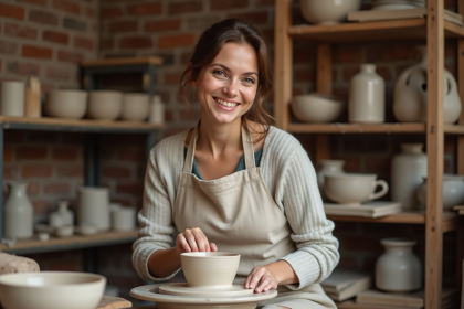 Jeune femme façonnant de la poterie dans un atelier parisien