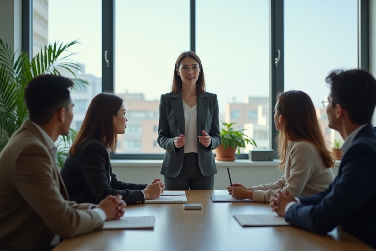 Jeune femme en présentation devant ses collègues au bureau