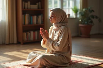 Femme portant un hijab beige en prière sur un tapis de prière dans un intérieur calme à Annemasse