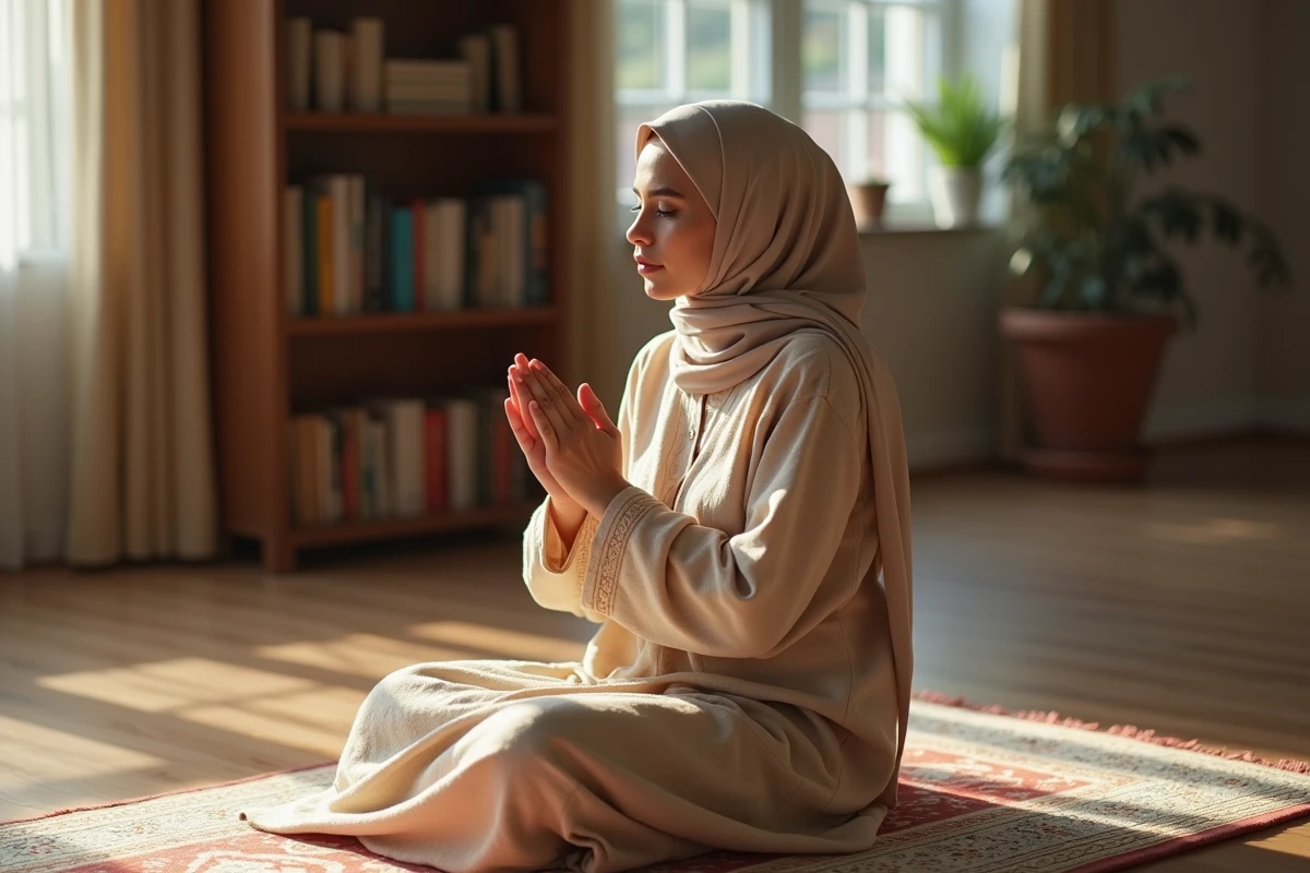 Femme portant un hijab beige en prière sur un tapis de prière dans un intérieur calme à Annemasse
