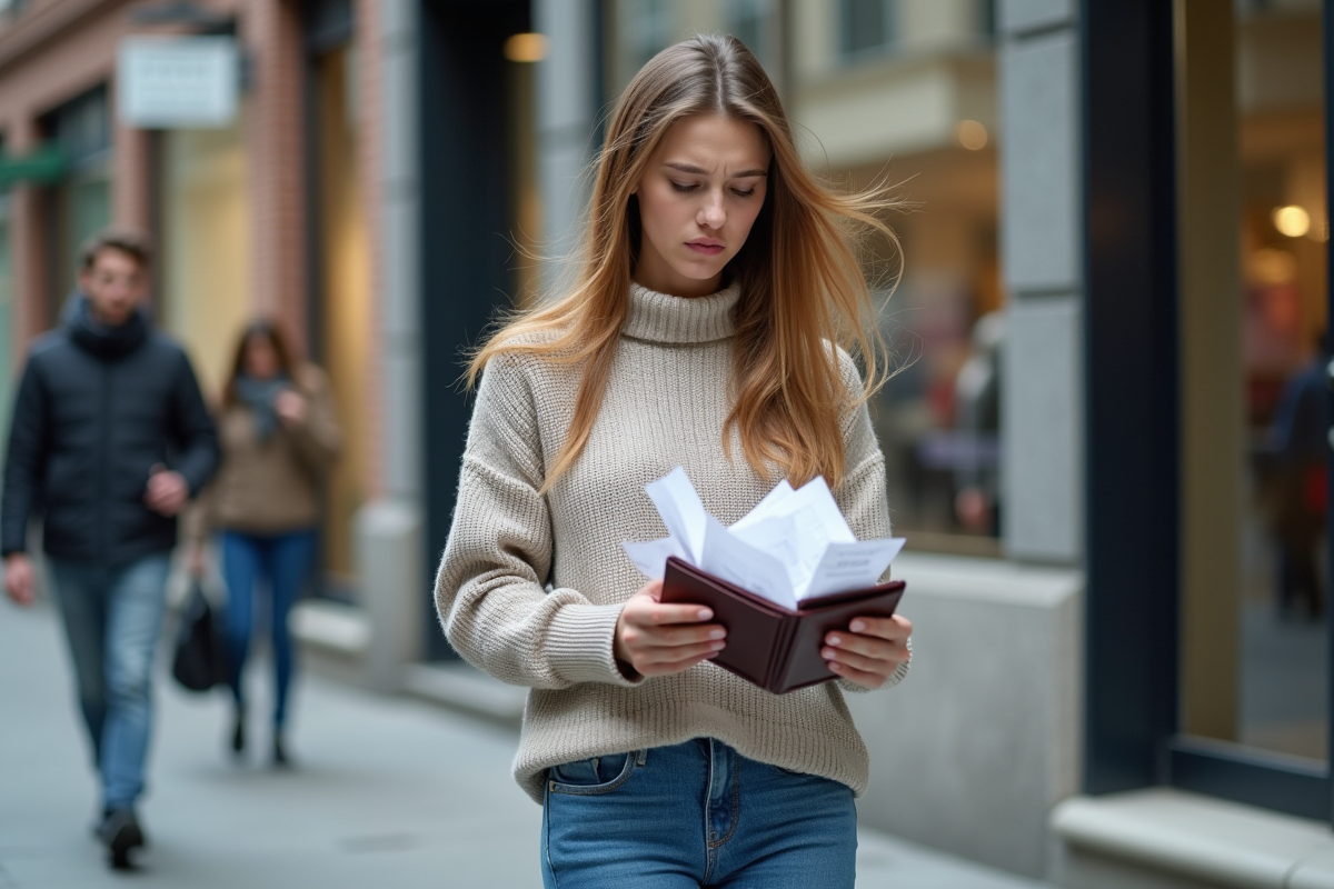 Jeune femme préoccupée avec reçus qui tombent de son portefeuille