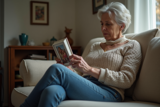 Femme assise sur un canapé regardant une photo de famille
