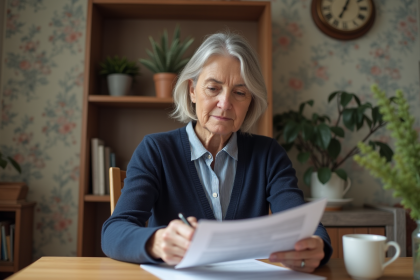 Femme d'âge moyen consulte ses papiers de retraite à la maison