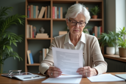 Femme retraitée examine ses papiers de pension dans un bureau