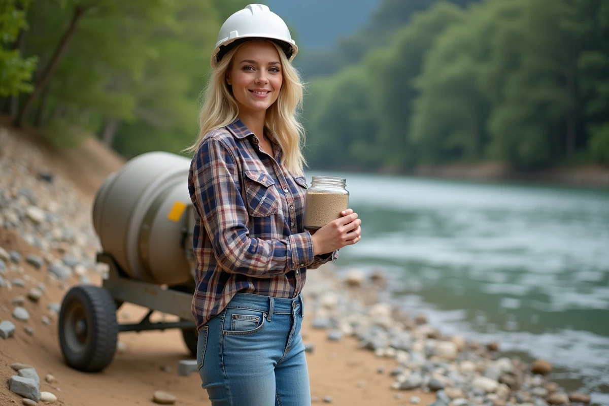 Femme avec un pot de sable près d’un mélangeur à béton